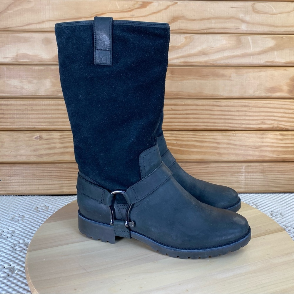 Sperry Harness Boots Womens 6.5 Black Leather Pull On Moto Riding Biker Western